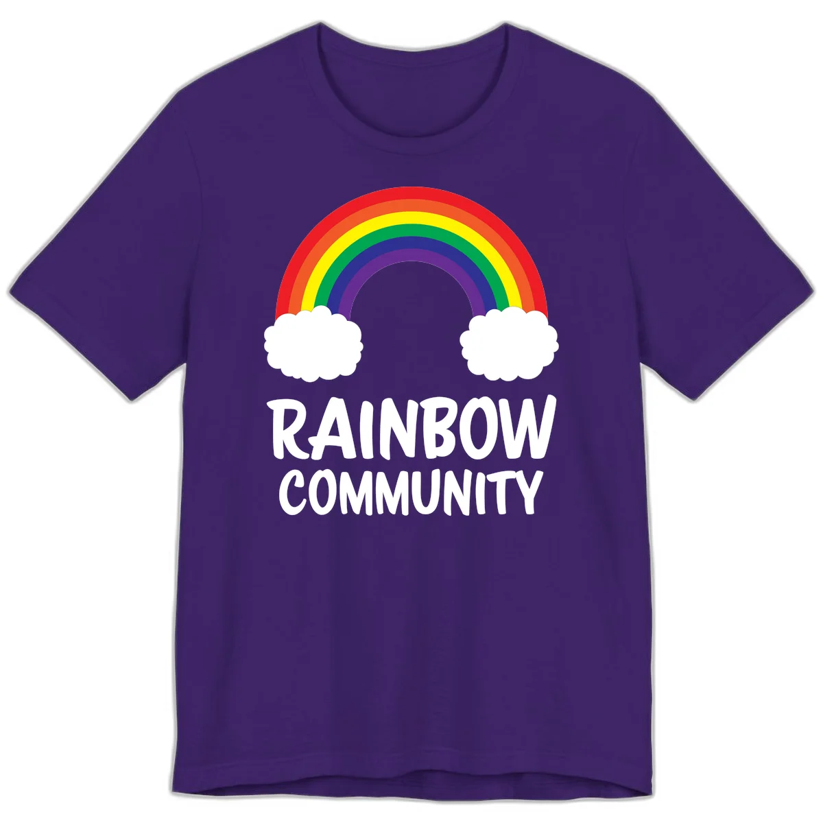 Rainbow arcing between two white clouds with 'RAINBOW COMMUNITY' text below, representing pride and inclusivity in Team Purple