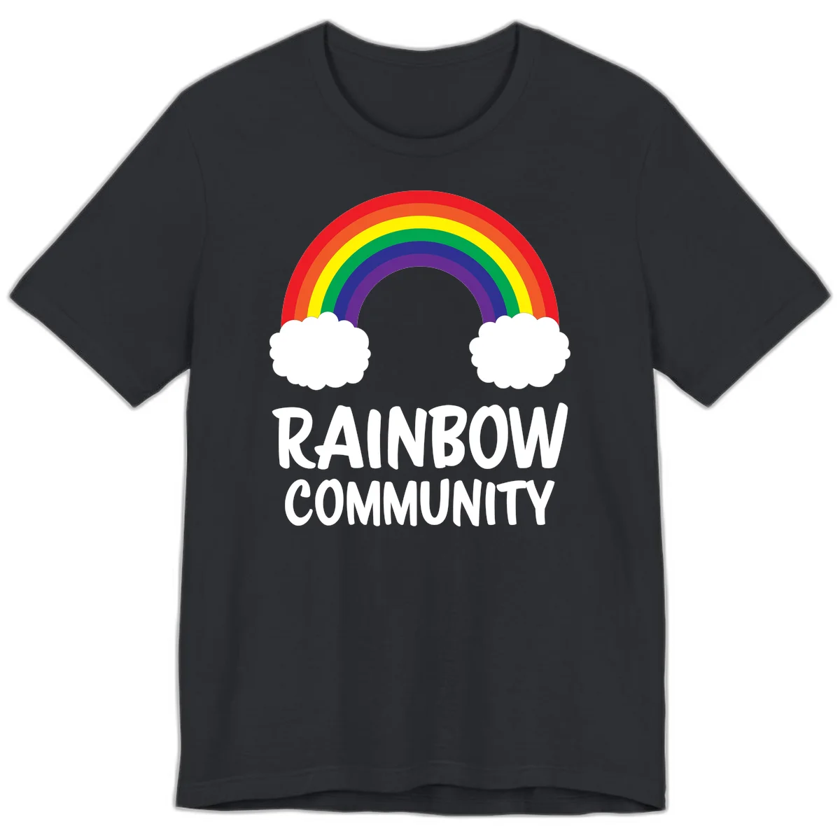 Rainbow arcing between two white clouds with 'RAINBOW COMMUNITY' text below, representing pride and inclusivity in Vintage Black