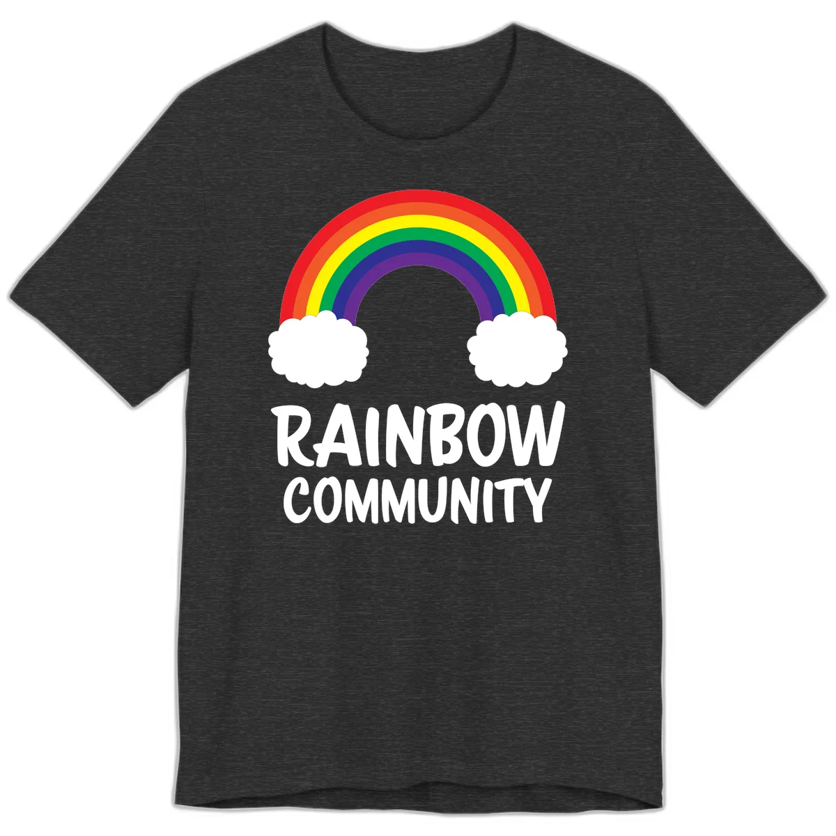Rainbow arcing between two white clouds with 'RAINBOW COMMUNITY' text below, representing pride and inclusivity in Dark Grey Heather