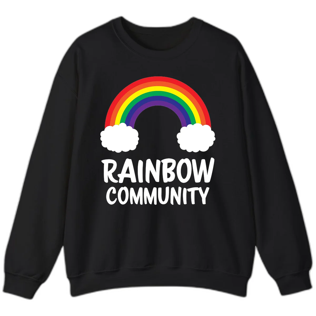 Rainbow arcing between two white clouds with 'RAINBOW COMMUNITY' text below, representing pride and inclusivity in Black
