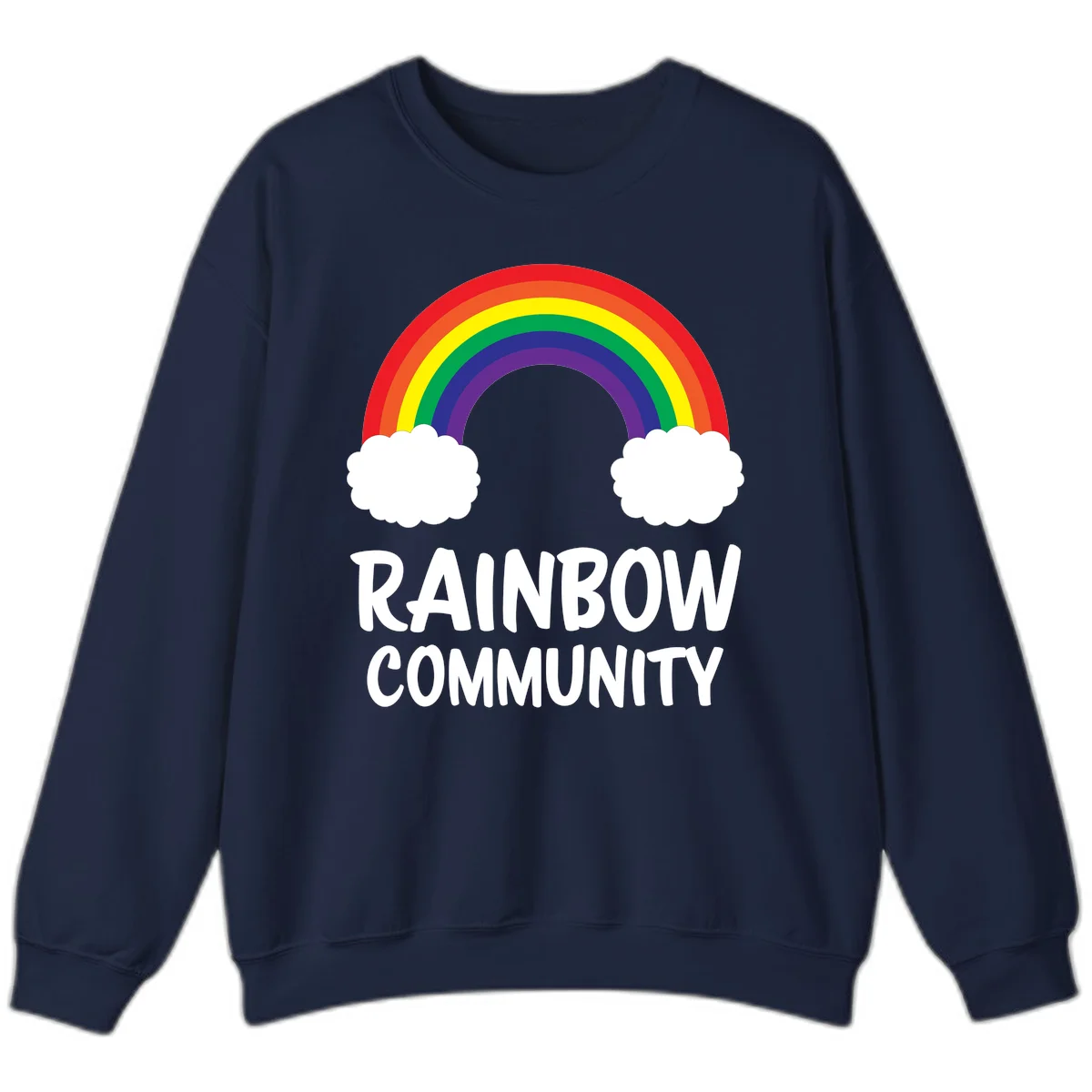 Rainbow arcing between two white clouds with 'RAINBOW COMMUNITY' text below, representing pride and inclusivity in Navy