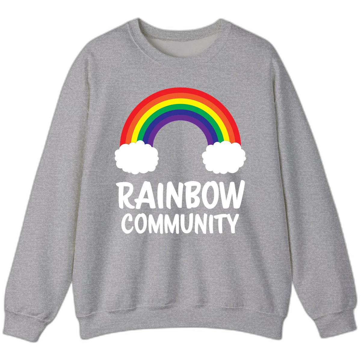 Rainbow arcing between two white clouds with 'RAINBOW COMMUNITY' text below, representing pride and inclusivity in Sport Grey