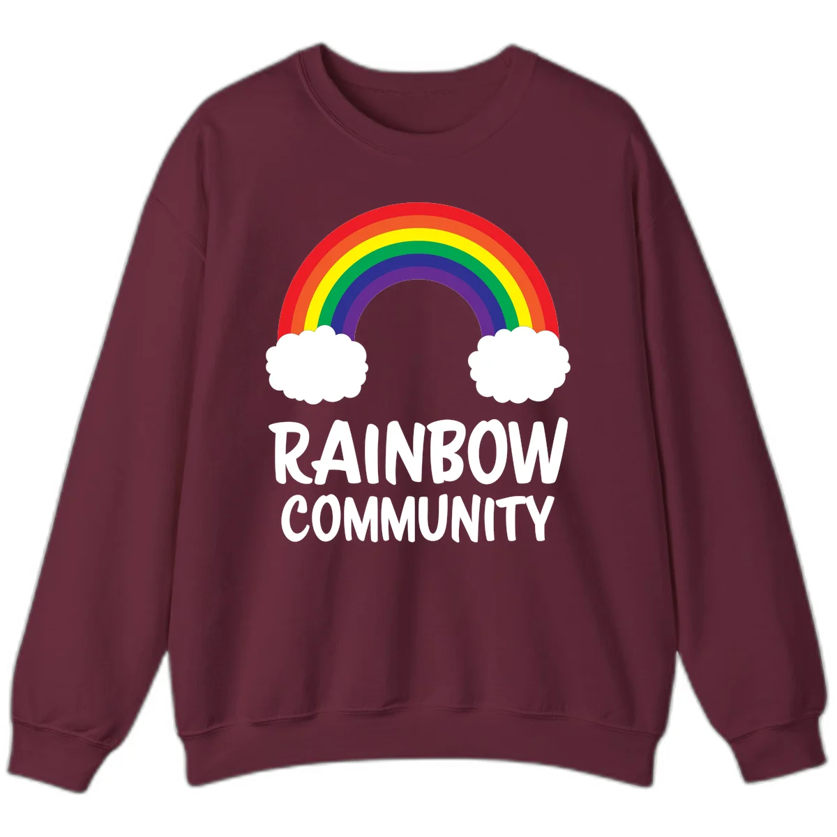 Rainbow arcing between two white clouds with 'RAINBOW COMMUNITY' text below, representing pride and inclusivity in Maroon