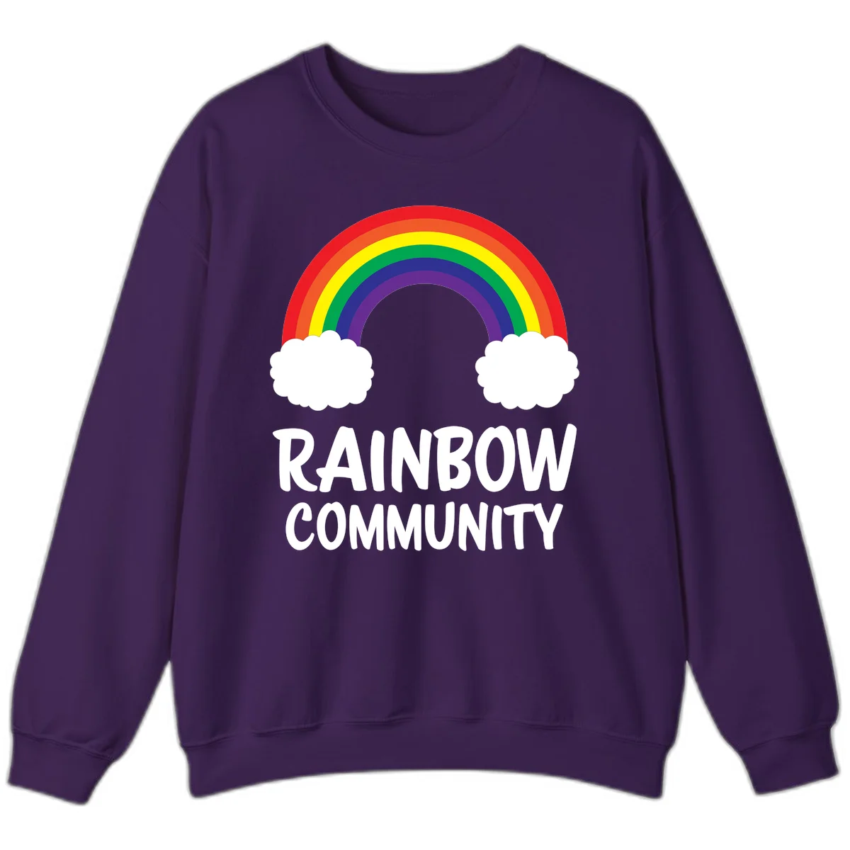Rainbow arcing between two white clouds with 'RAINBOW COMMUNITY' text below, representing pride and inclusivity in Purple