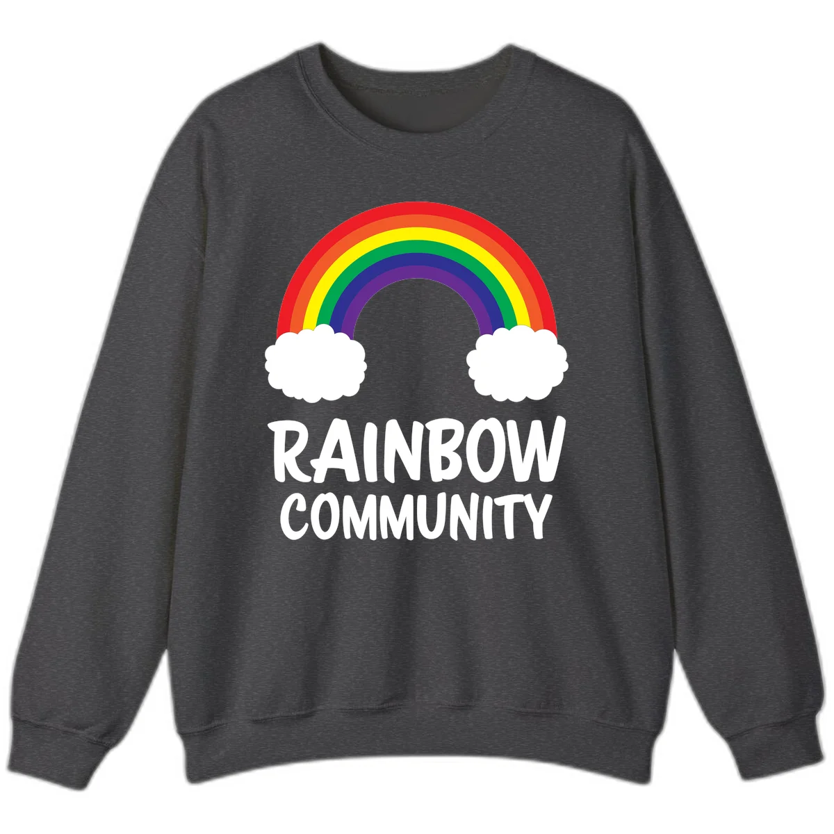 Rainbow arcing between two white clouds with 'RAINBOW COMMUNITY' text below, representing pride and inclusivity in Dark Heather