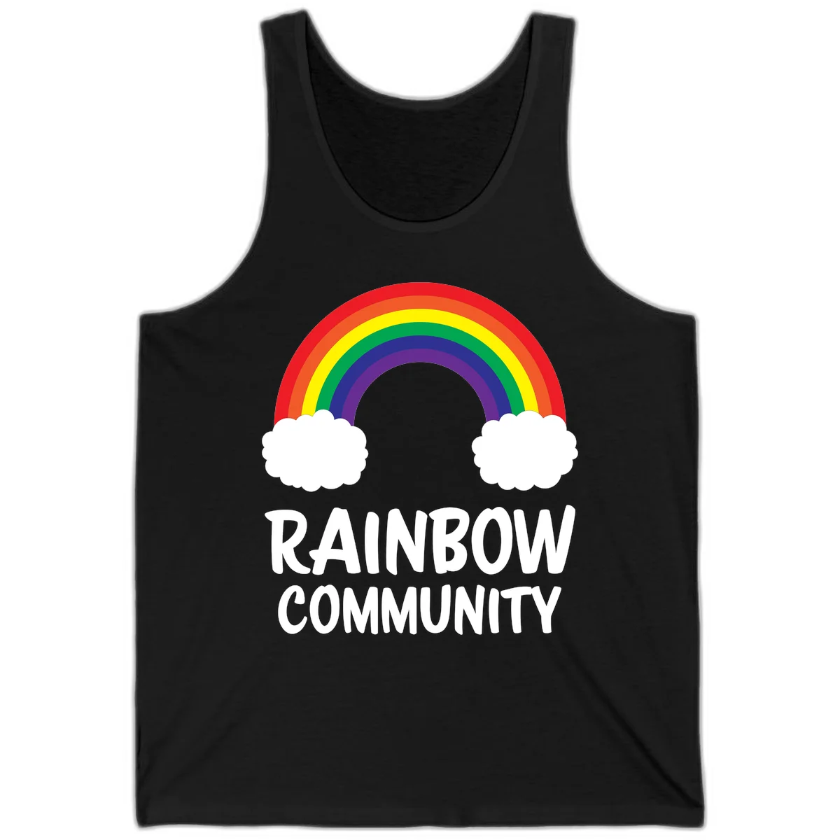 Rainbow arcing between two white clouds with 'RAINBOW COMMUNITY' text below, representing pride and inclusivity in Black