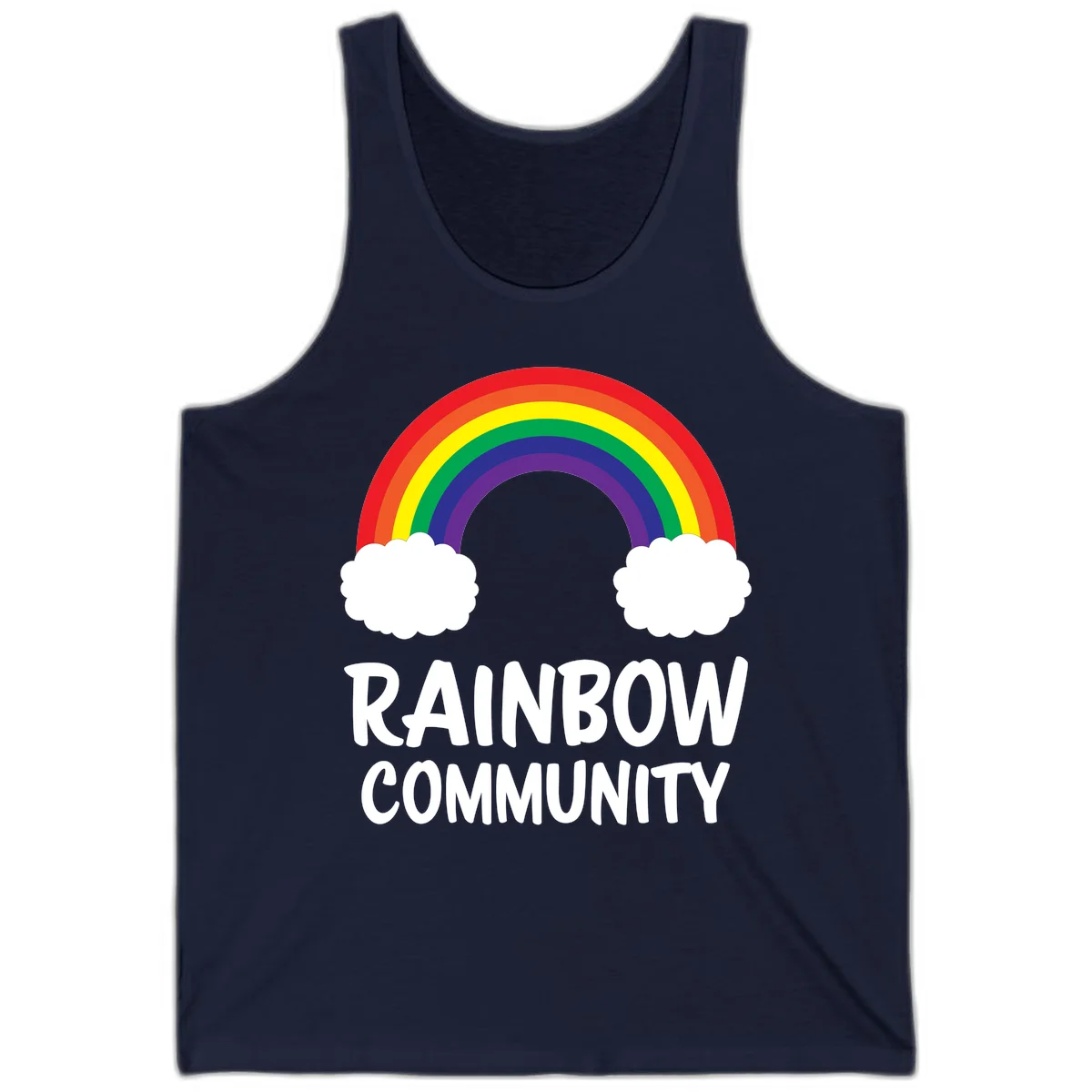 Rainbow arcing between two white clouds with 'RAINBOW COMMUNITY' text below, representing pride and inclusivity in Navy