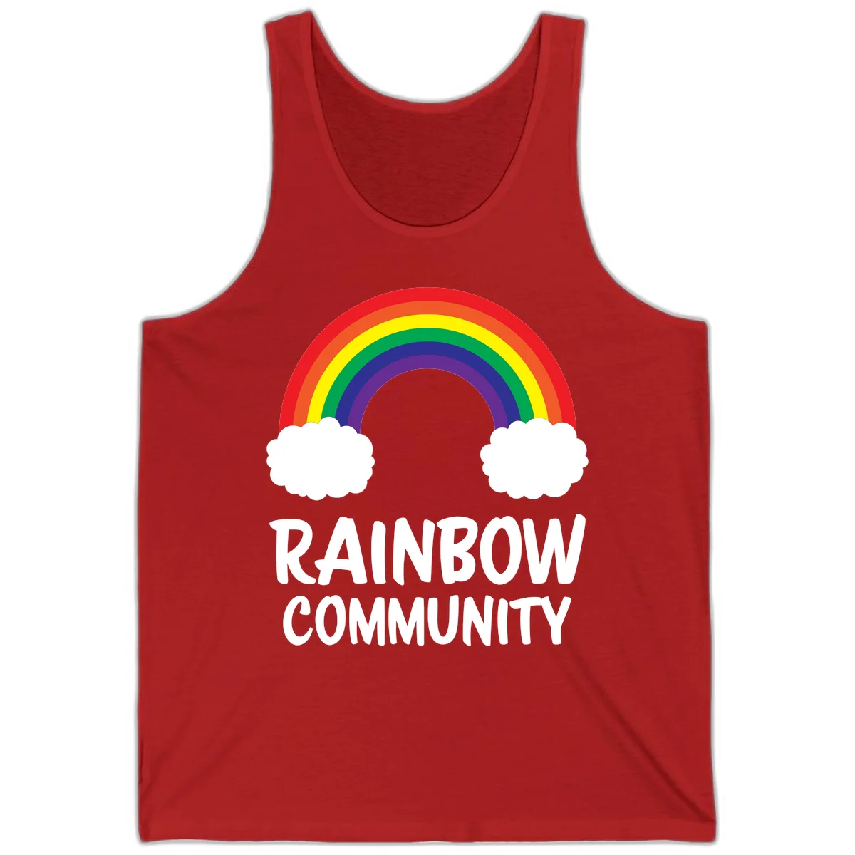 Rainbow arcing between two white clouds with 'RAINBOW COMMUNITY' text below, representing pride and inclusivity in Red