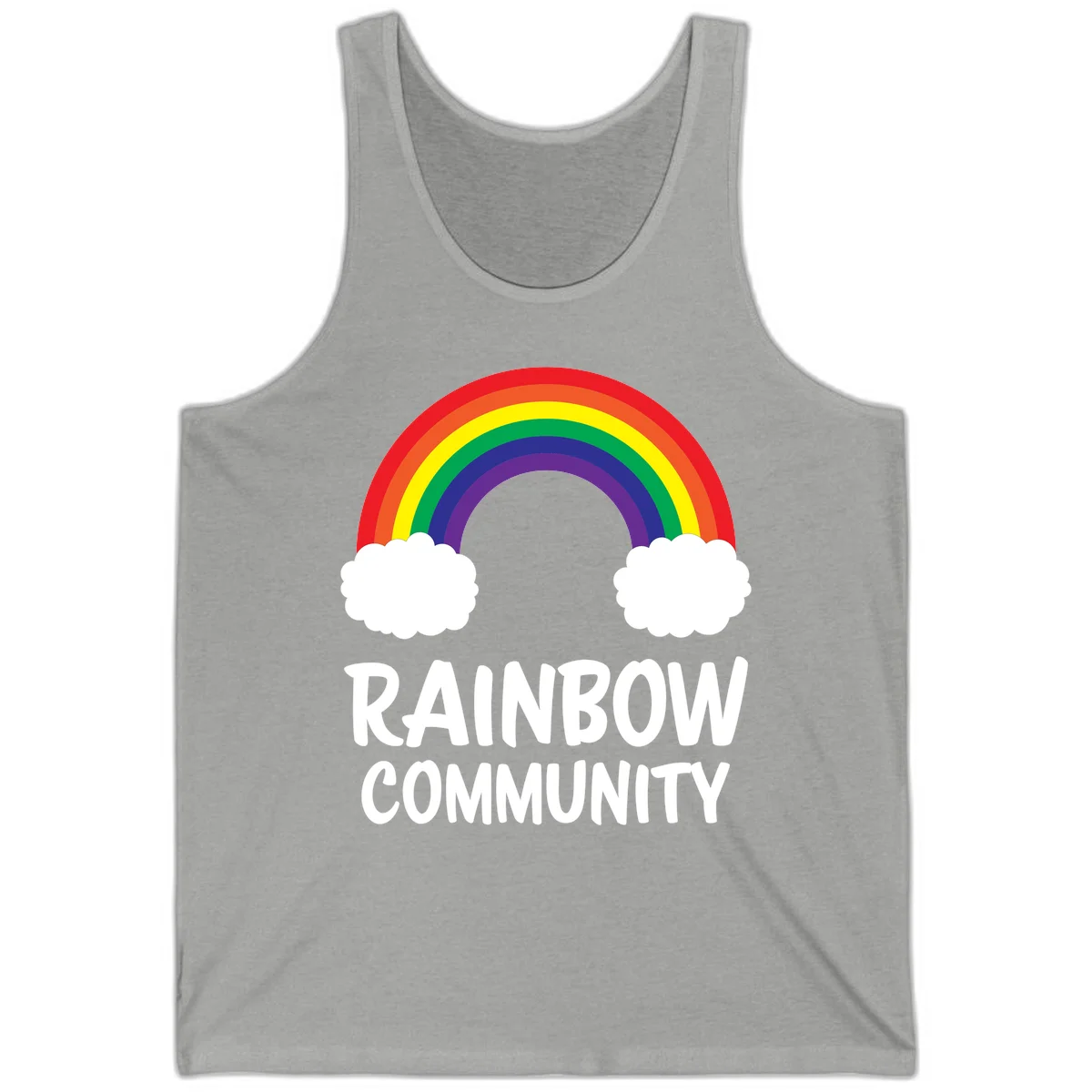 Rainbow arcing between two white clouds with 'RAINBOW COMMUNITY' text below, representing pride and inclusivity in Athletic Heather
