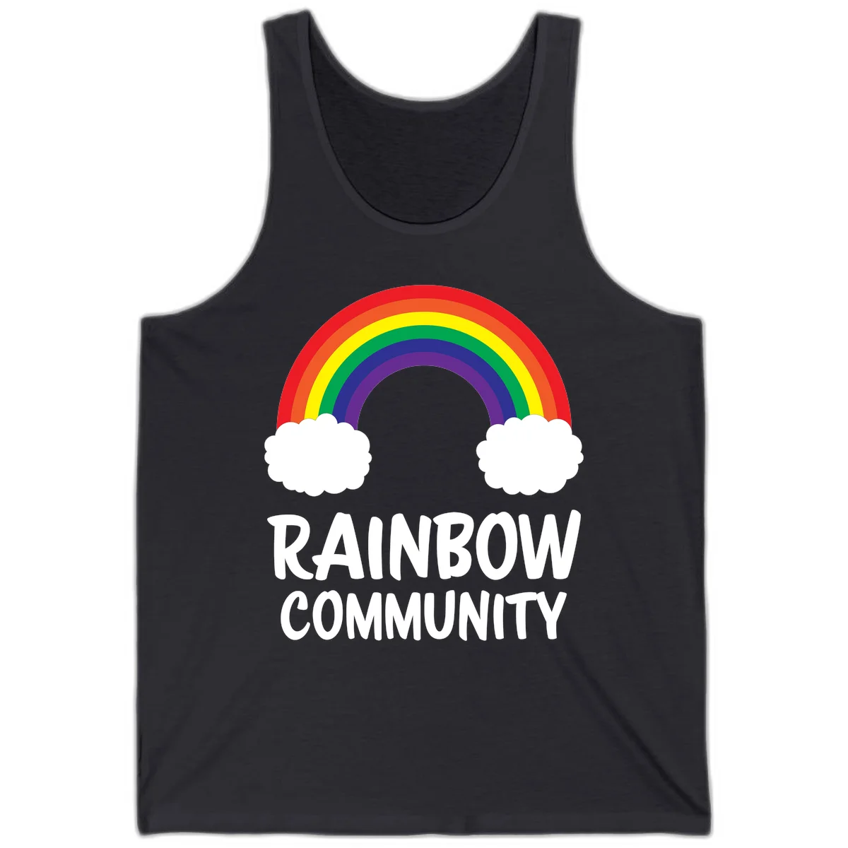 Rainbow arcing between two white clouds with 'RAINBOW COMMUNITY' text below, representing pride and inclusivity in Dark Grey