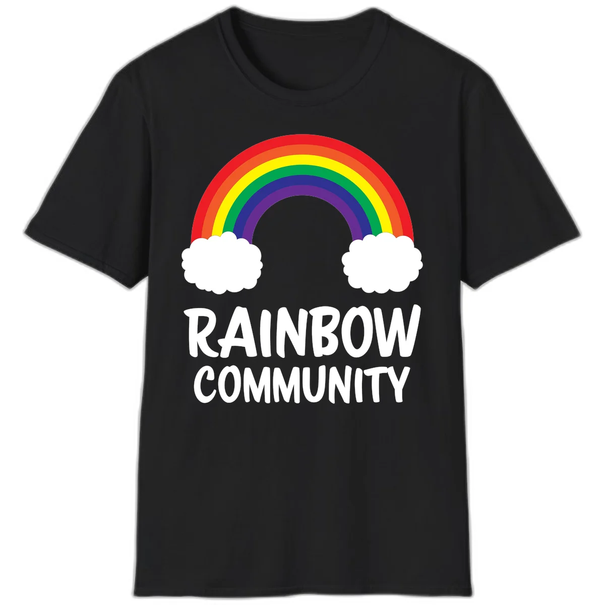 Rainbow arcing between two white clouds with 'RAINBOW COMMUNITY' text below, representing pride and inclusivity in Black