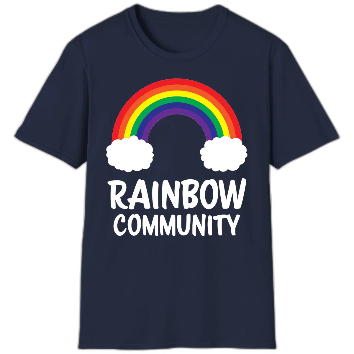 Rainbow arcing between two white clouds with 'RAINBOW COMMUNITY' text below, representing pride and inclusivity in Navy