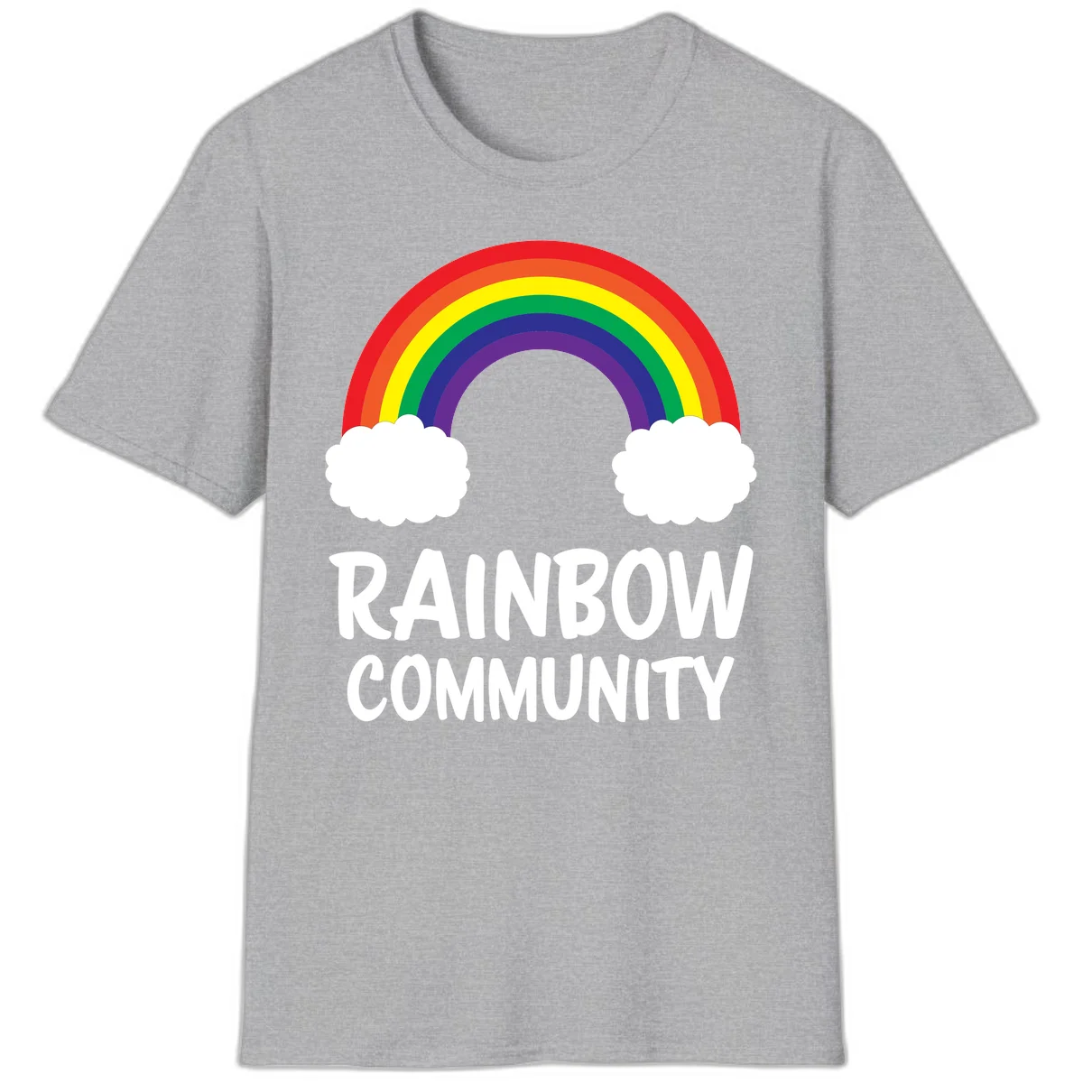 Rainbow arcing between two white clouds with 'RAINBOW COMMUNITY' text below, representing pride and inclusivity in Sport Grey