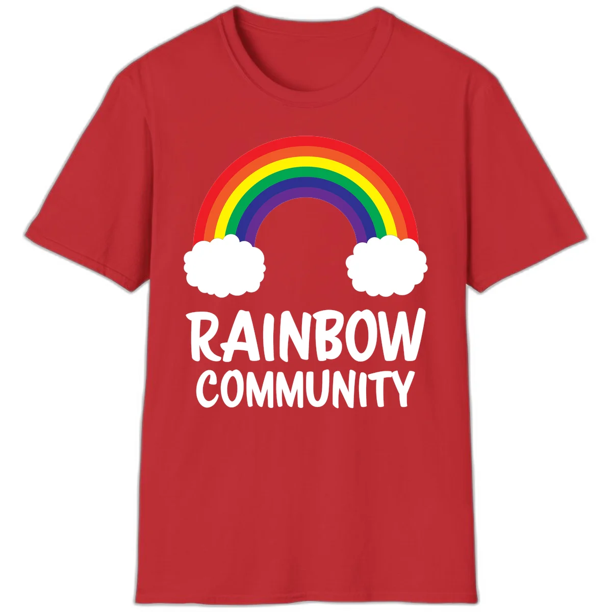 Rainbow arcing between two white clouds with 'RAINBOW COMMUNITY' text below, representing pride and inclusivity in Red