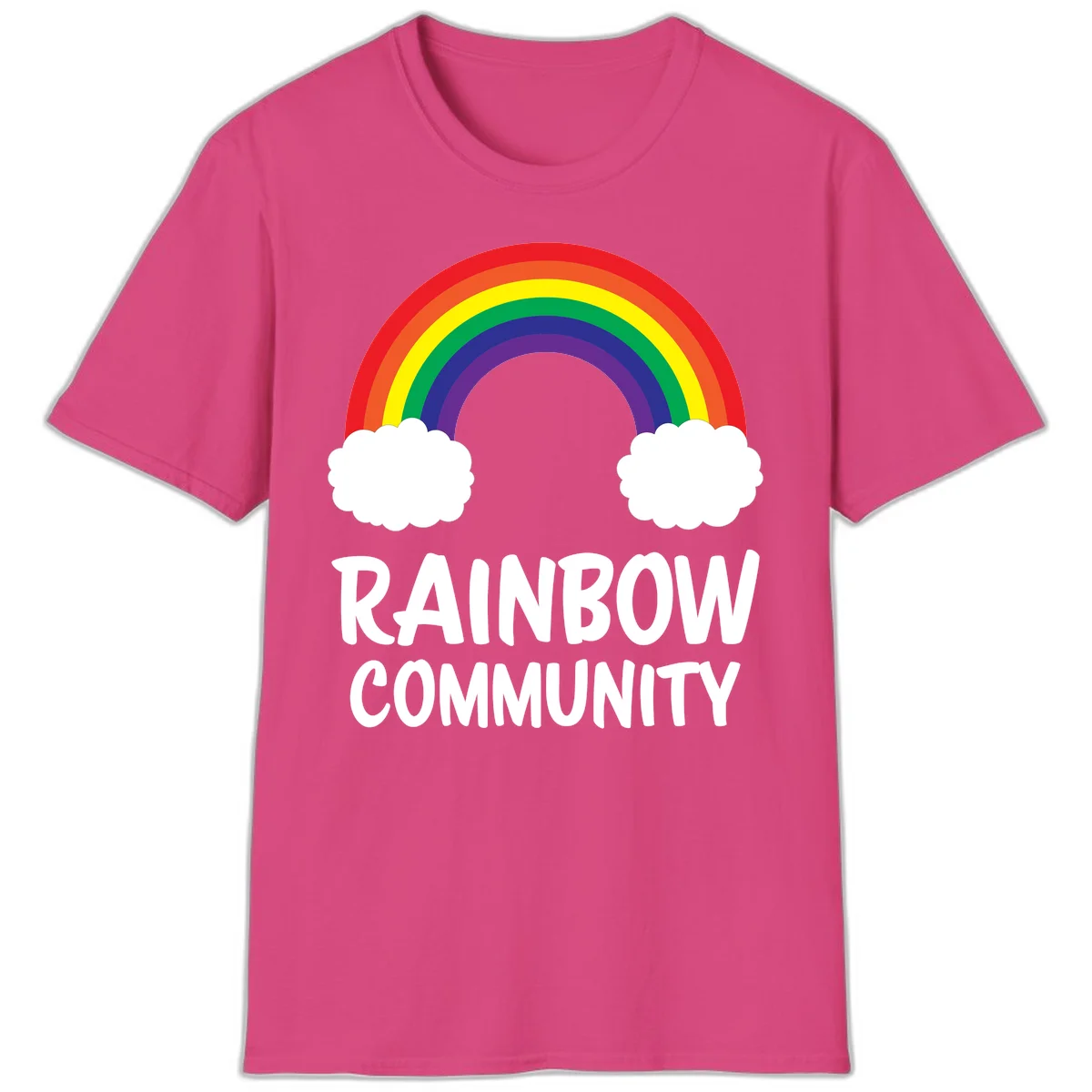 Rainbow arcing between two white clouds with 'RAINBOW COMMUNITY' text below, representing pride and inclusivity in Heliconia