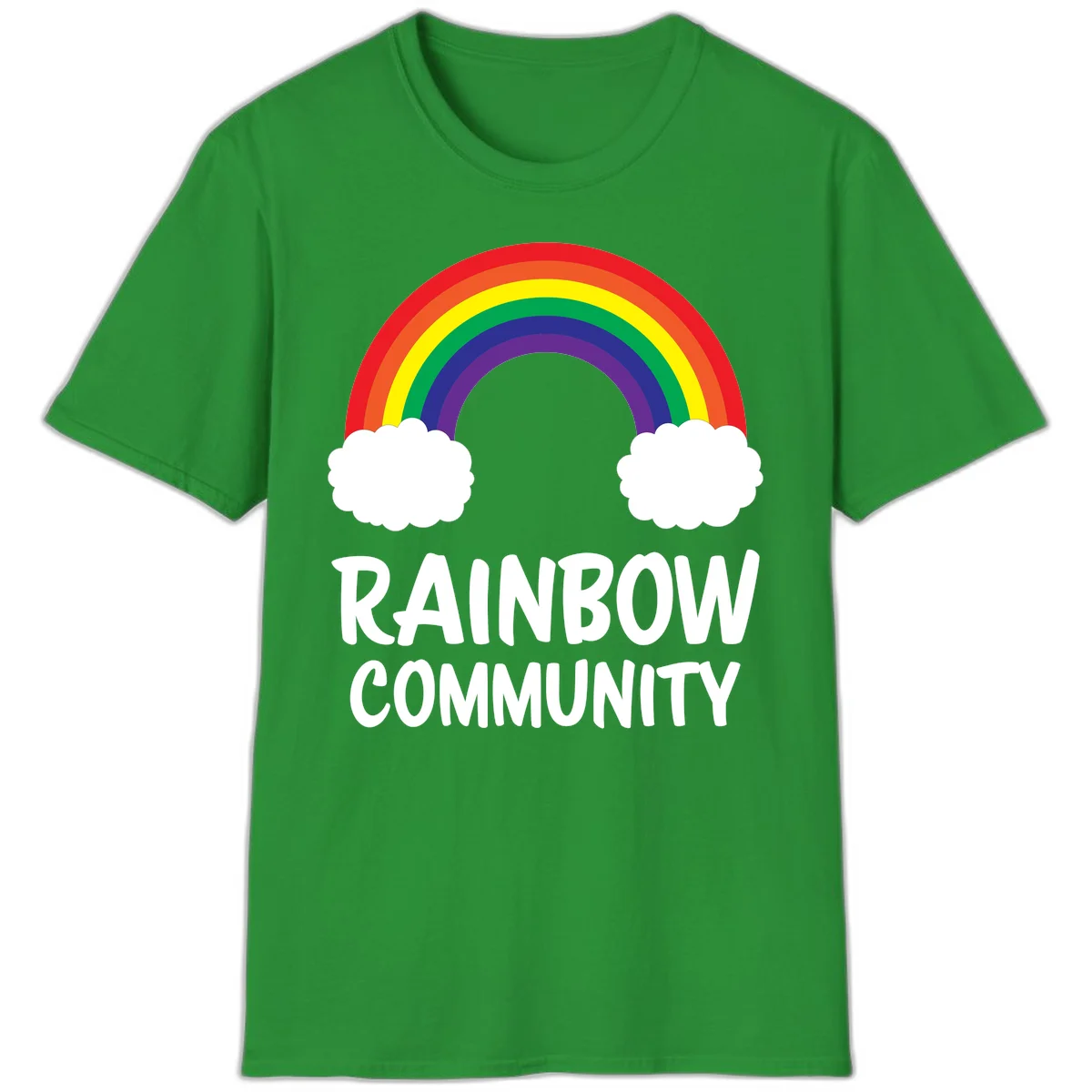 Rainbow arcing between two white clouds with 'RAINBOW COMMUNITY' text below, representing pride and inclusivity in Irish Green