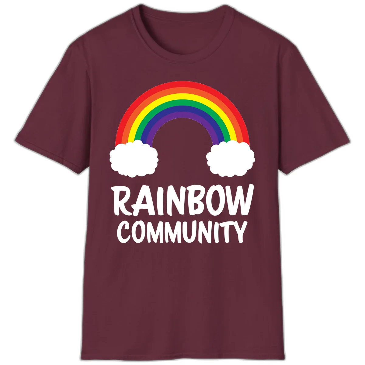 Rainbow arcing between two white clouds with 'RAINBOW COMMUNITY' text below, representing pride and inclusivity in Maroon