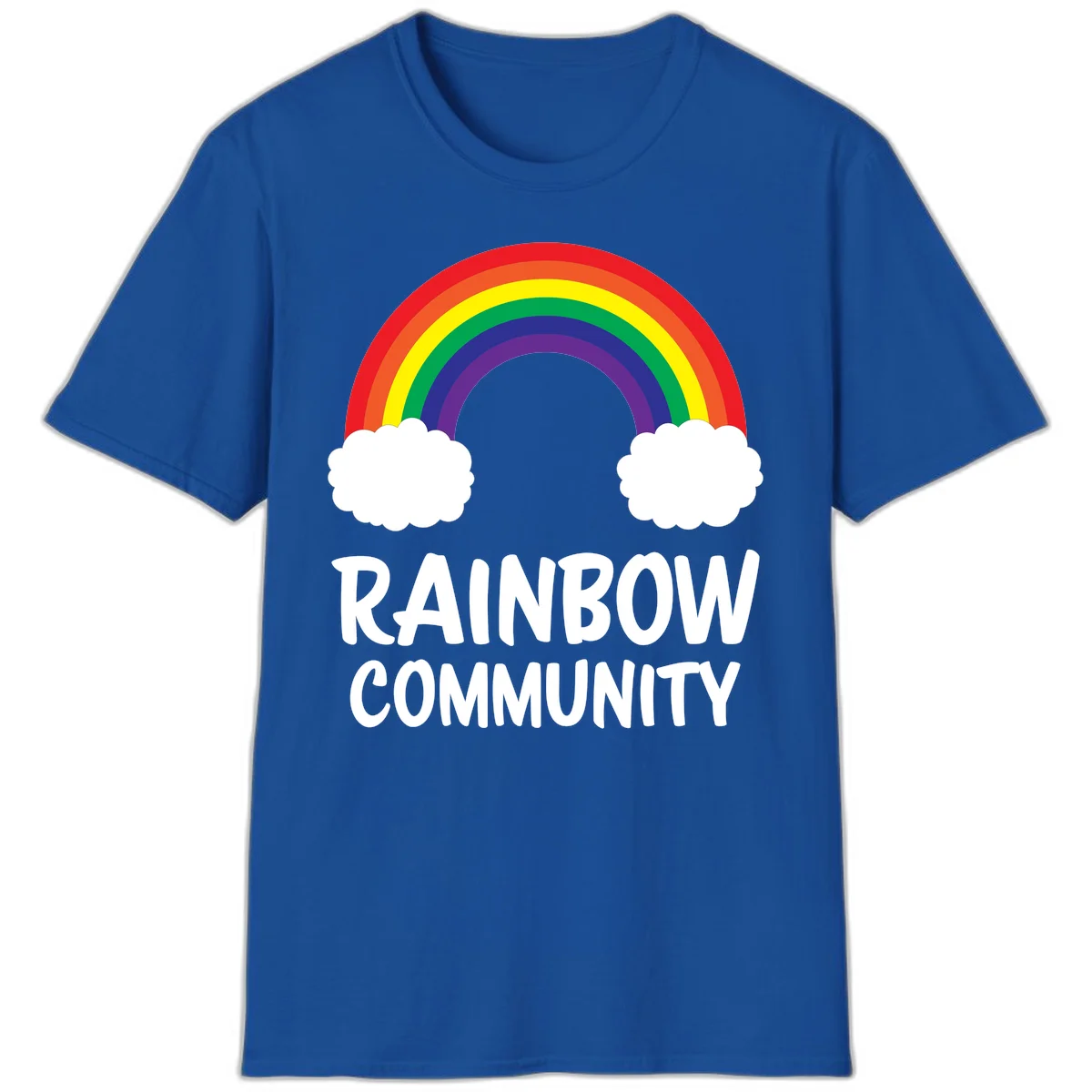 Rainbow arcing between two white clouds with 'RAINBOW COMMUNITY' text below, representing pride and inclusivity in Royal