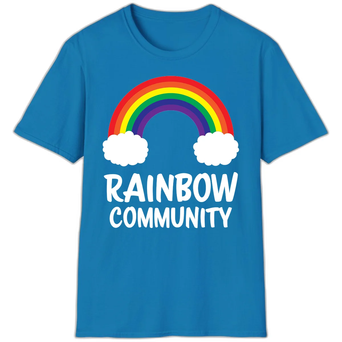 Rainbow arcing between two white clouds with 'RAINBOW COMMUNITY' text below, representing pride and inclusivity in Sapphire