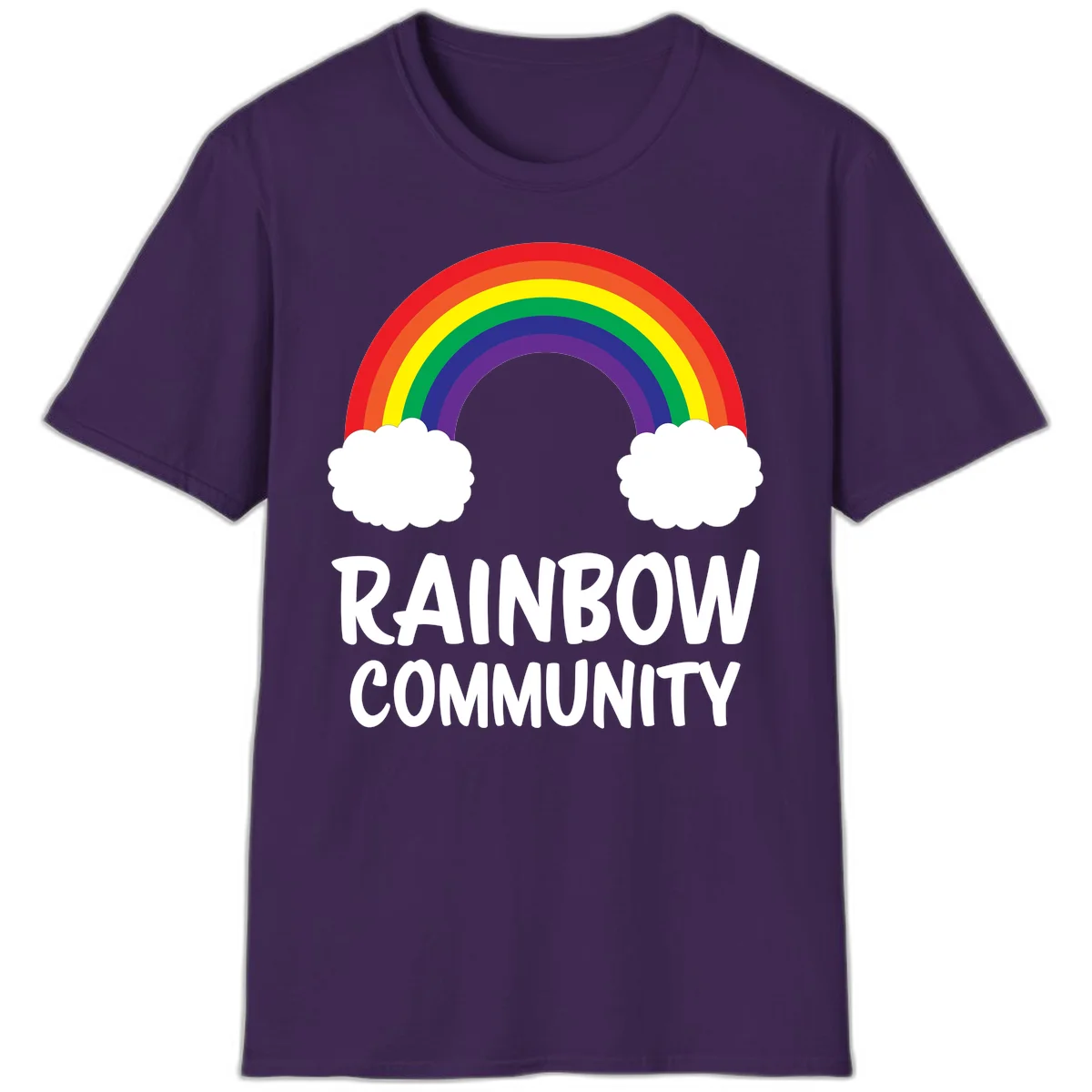 Rainbow arcing between two white clouds with 'RAINBOW COMMUNITY' text below, representing pride and inclusivity in Purple