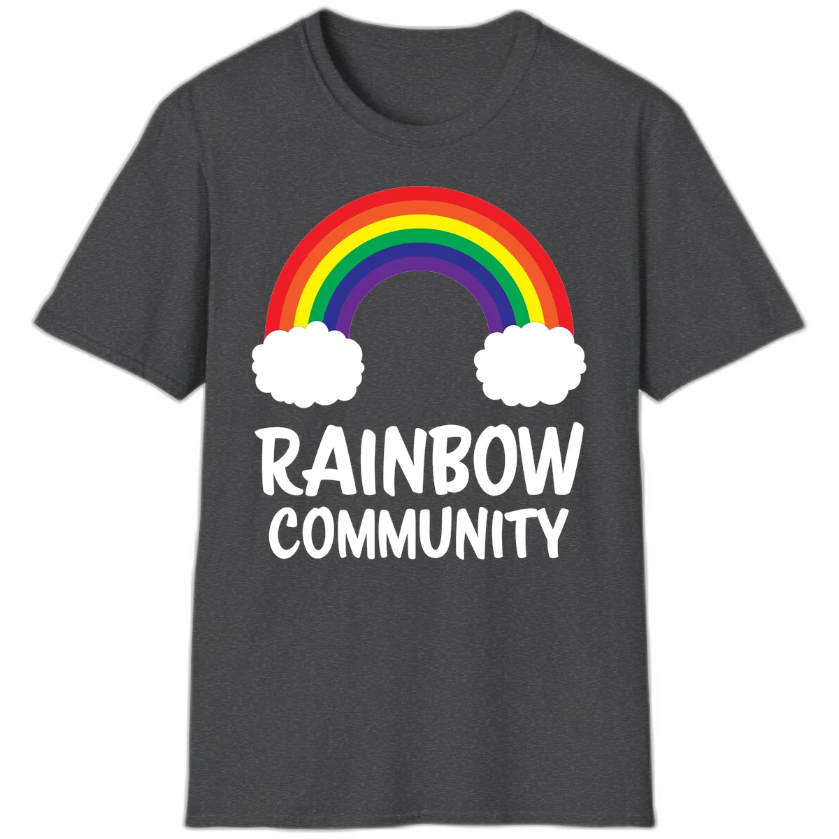 Rainbow arcing between two white clouds with 'RAINBOW COMMUNITY' text below, representing pride and inclusivity in Dark Heather