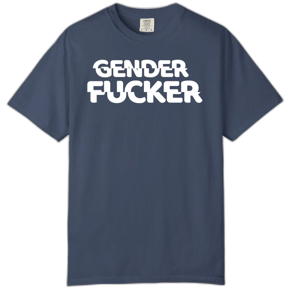 Bold white sans-serif text reading 'GENDER FUCKER' on gray background, gender-fucker-statement design in Midnight