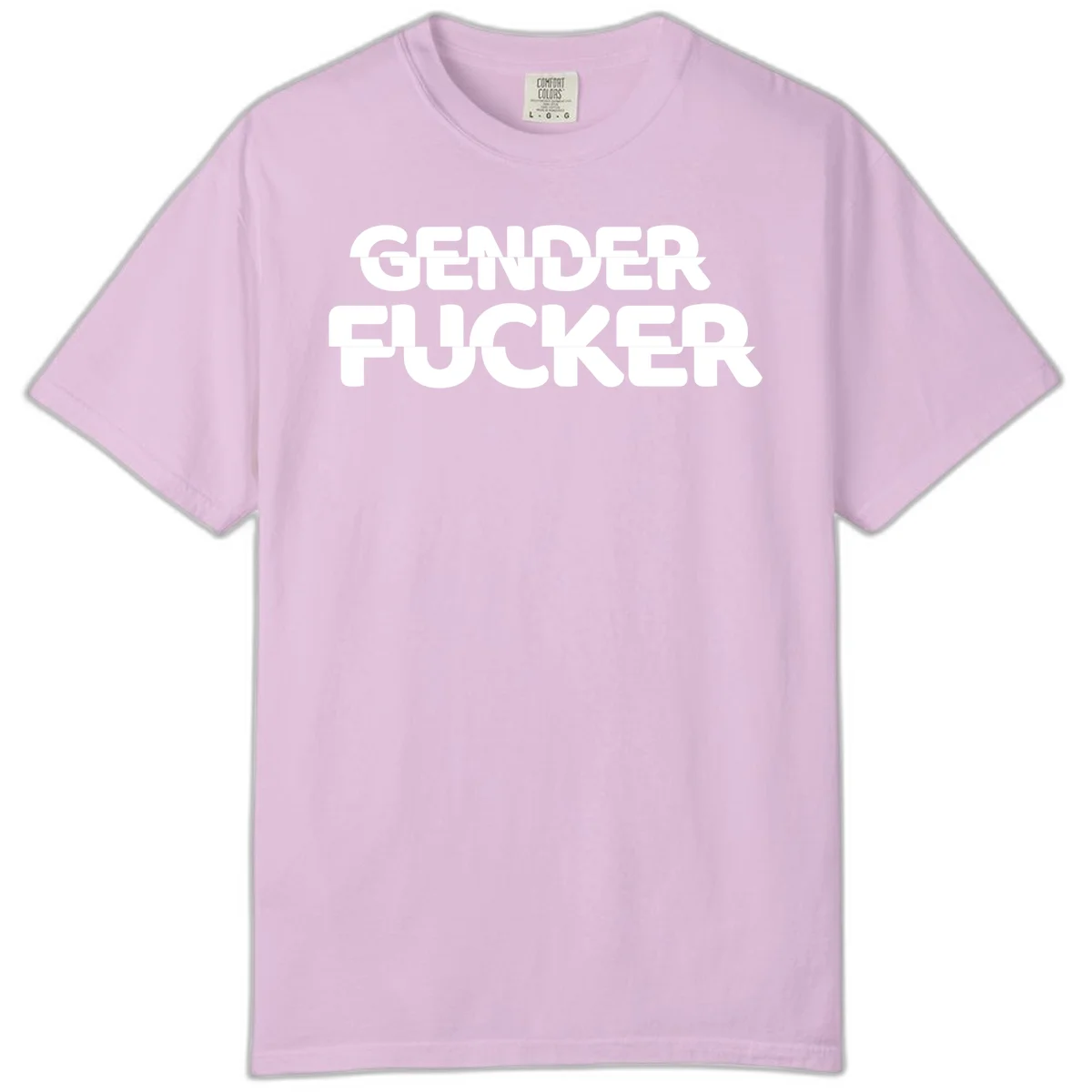 Bold white sans-serif text reading 'GENDER FUCKER' on gray background, gender-fucker-statement design in Orchid
