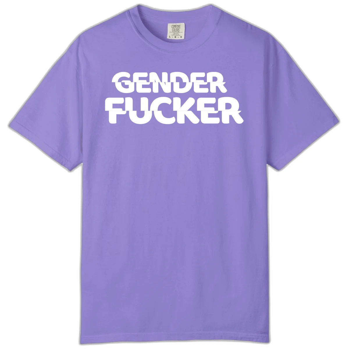 Bold white sans-serif text reading 'GENDER FUCKER' on gray background, gender-fucker-statement design in Violet