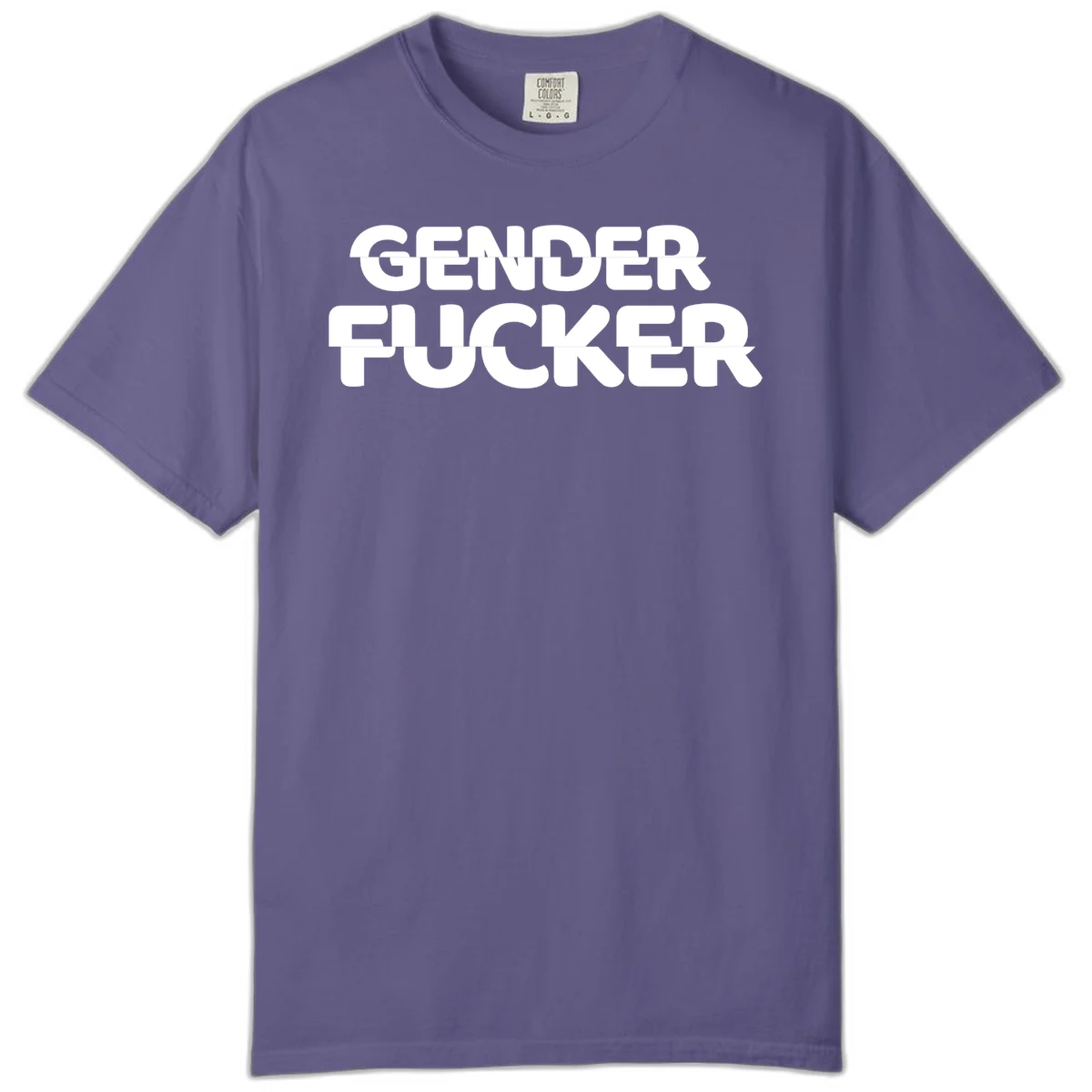 Bold white sans-serif text reading 'GENDER FUCKER' on gray background, gender-fucker-statement design in Grape
