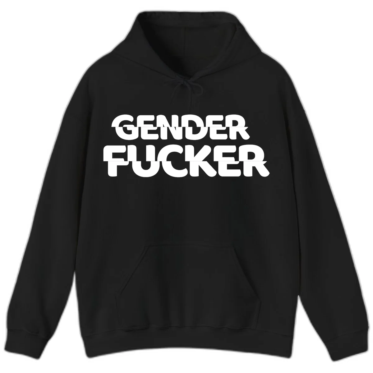 Bold white sans-serif text reading 'GENDER FUCKER' on gray background, gender-fucker-statement design in Black
