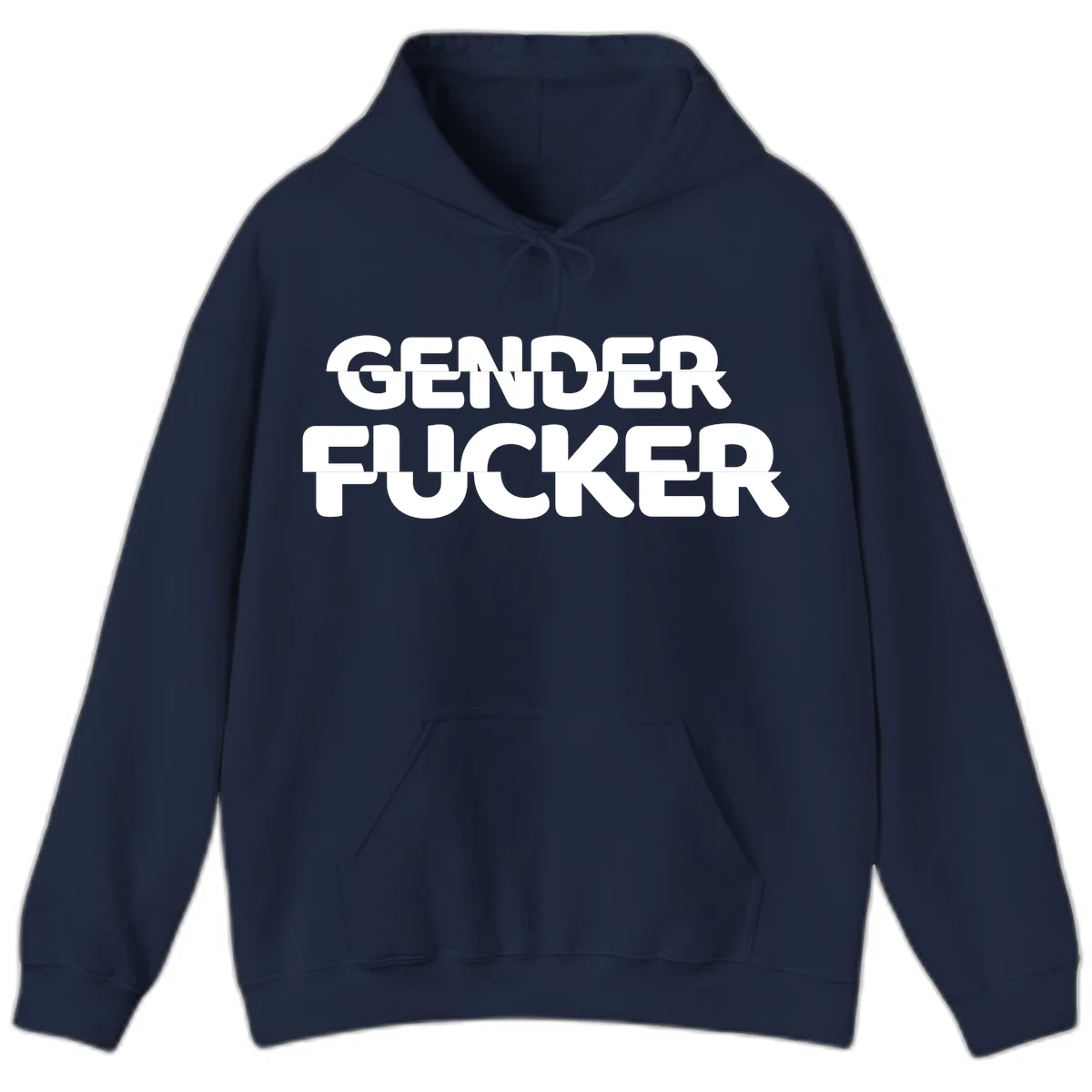 Bold white sans-serif text reading 'GENDER FUCKER' on gray background, gender-fucker-statement design in Navy