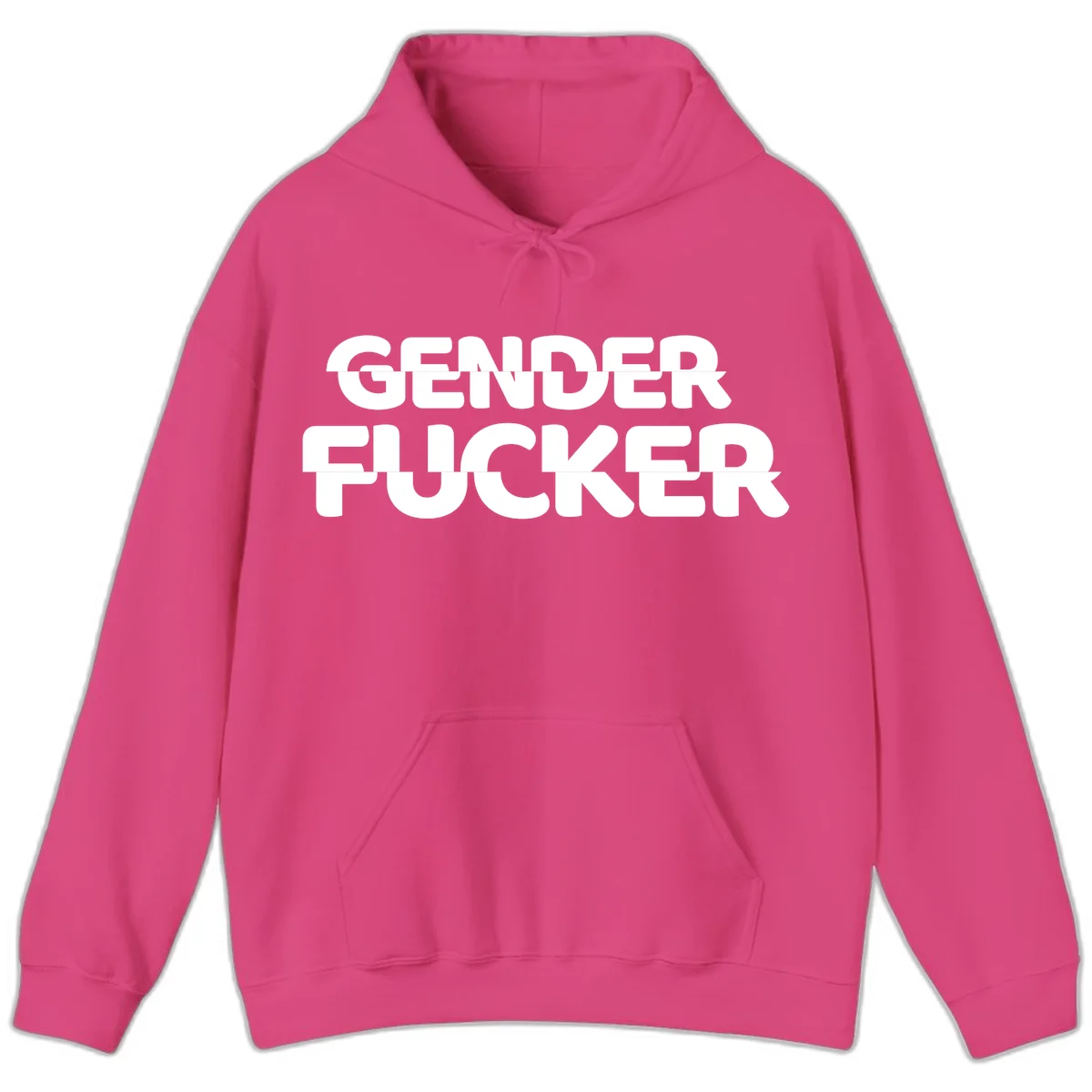Bold white sans-serif text reading 'GENDER FUCKER' on gray background, gender-fucker-statement design in Heliconia