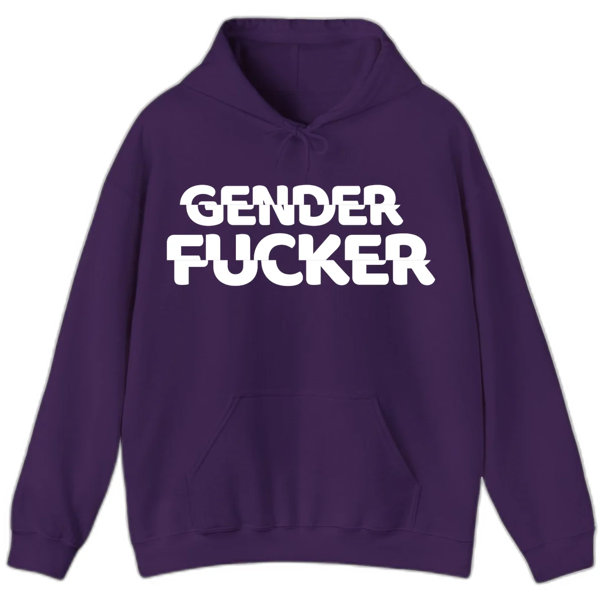 Bold white sans-serif text reading 'GENDER FUCKER' on gray background, gender-fucker-statement design in Purple
