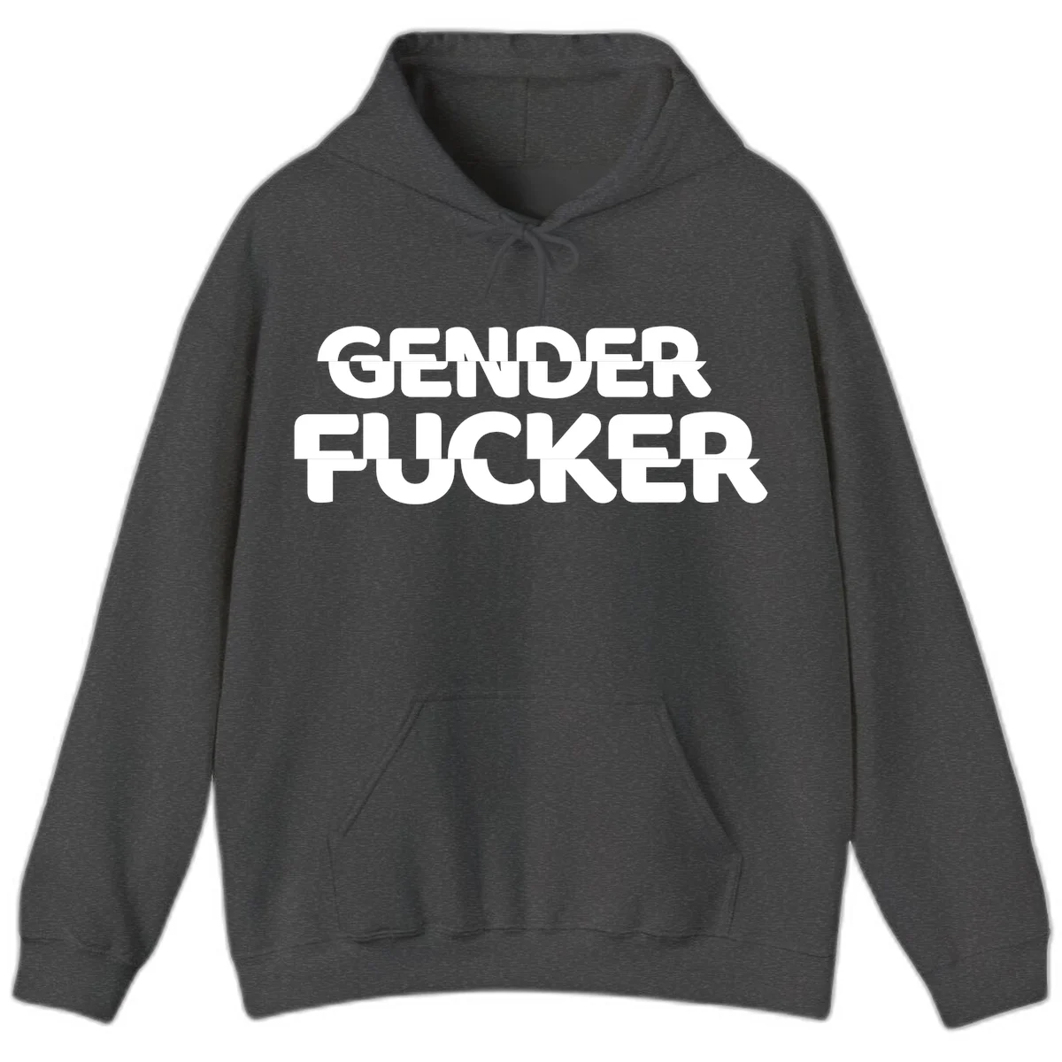 Bold white sans-serif text reading 'GENDER FUCKER' on gray background, gender-fucker-statement design in Dark Heather