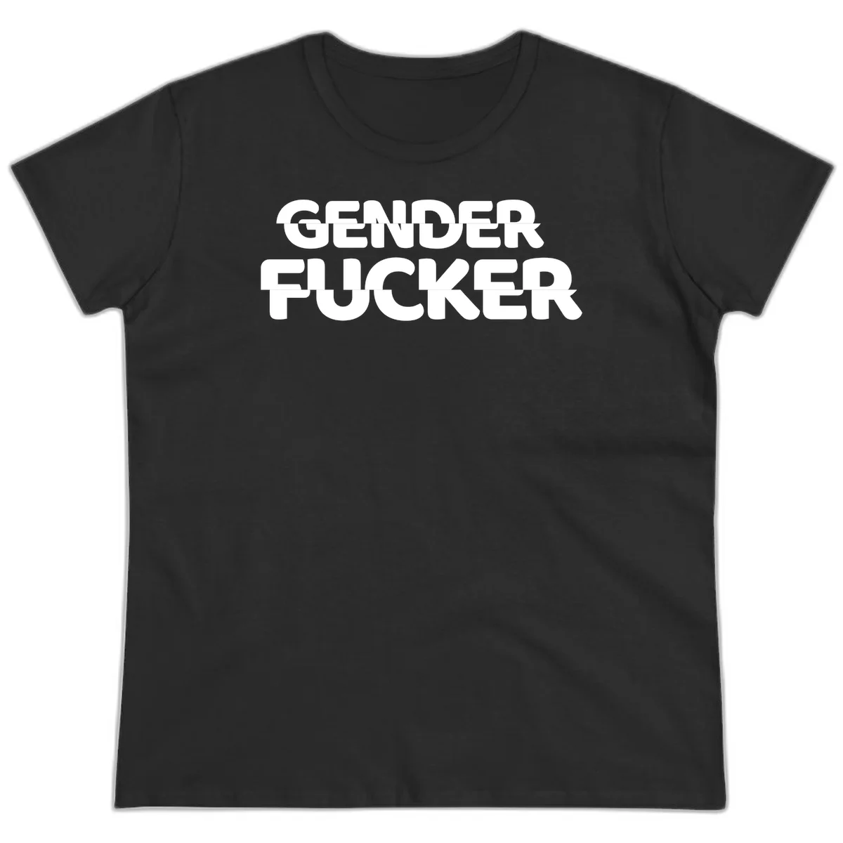 Bold white sans-serif text reading 'GENDER FUCKER' on gray background, gender-fucker-statement design in Black