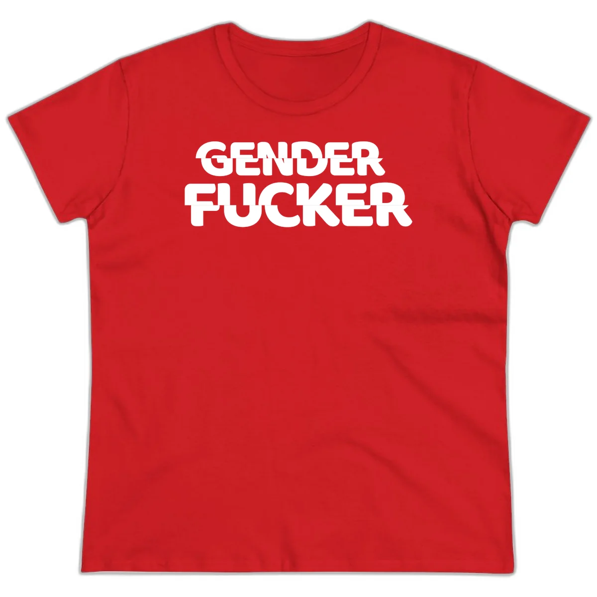 Bold white sans-serif text reading 'GENDER FUCKER' on gray background, gender-fucker-statement design in Red