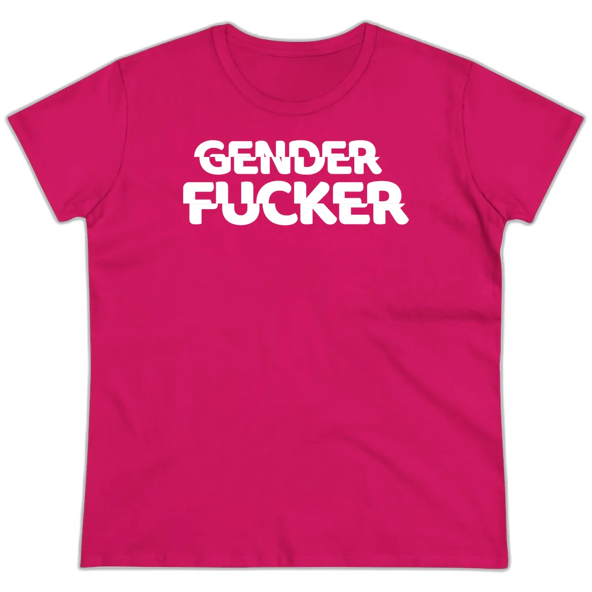 Bold white sans-serif text reading 'GENDER FUCKER' on gray background, gender-fucker-statement design in Heliconia
