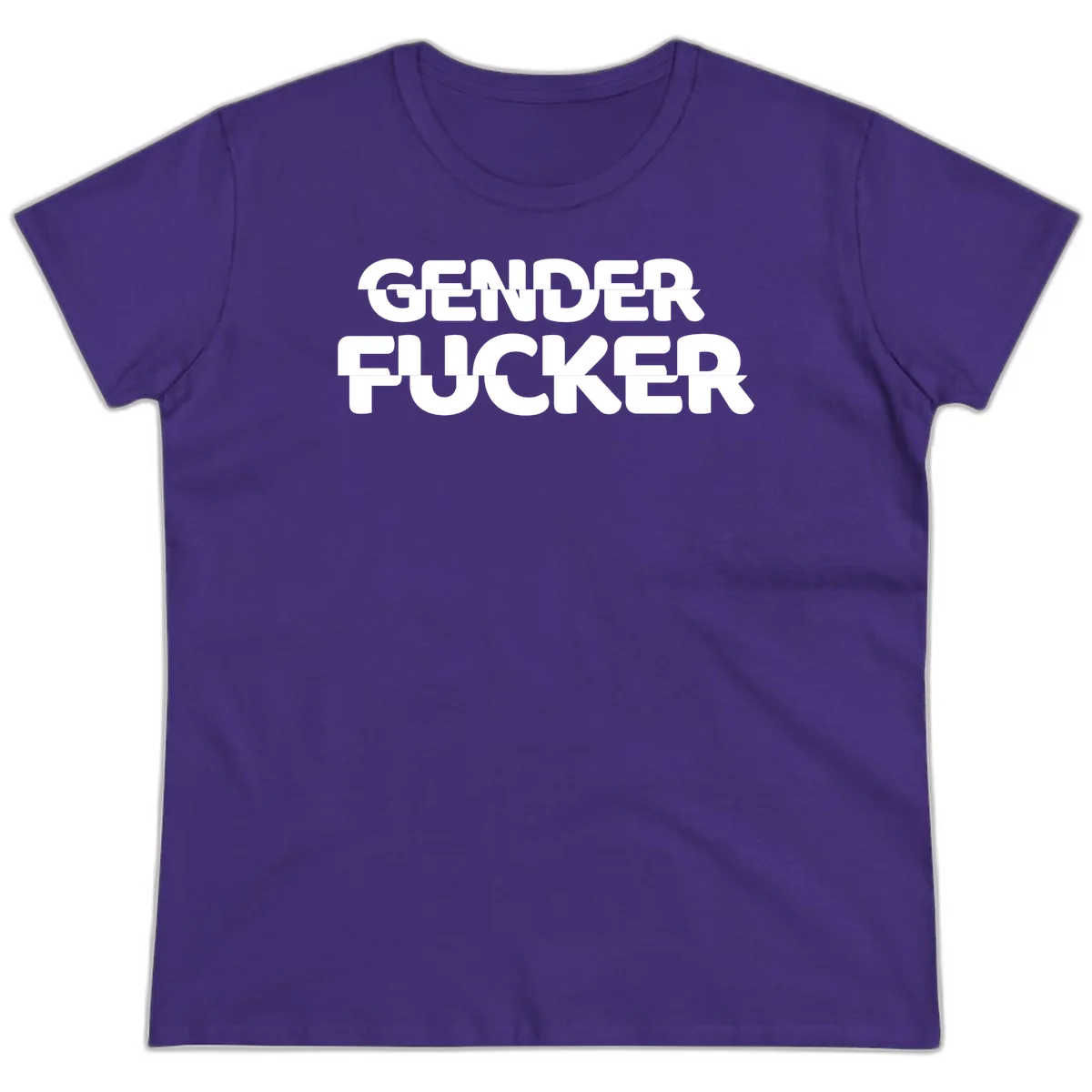 Bold white sans-serif text reading 'GENDER FUCKER' on gray background, gender-fucker-statement design in Purple