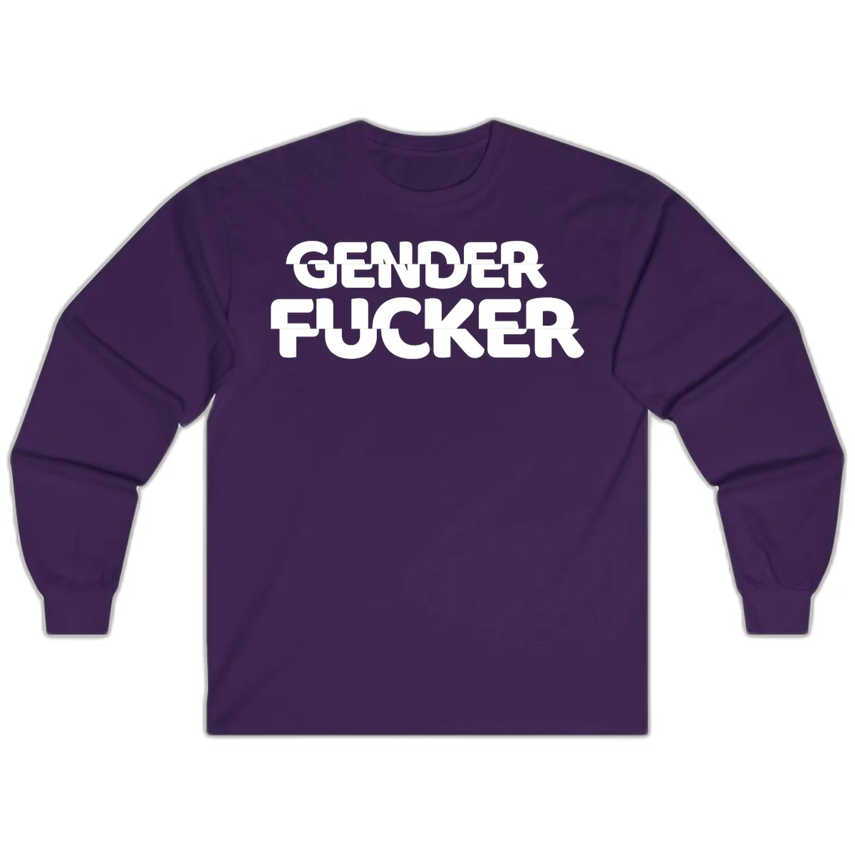 Bold white sans-serif text reading 'GENDER FUCKER' on gray background, gender-fucker-statement design in Purple