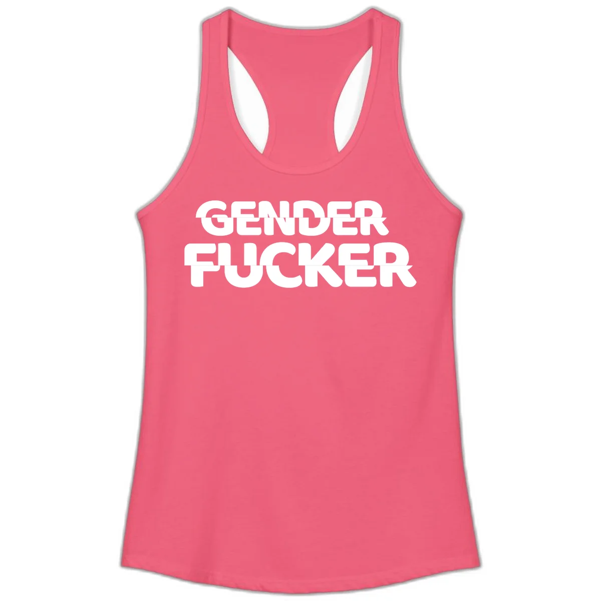 Bold white sans-serif text reading 'GENDER FUCKER' on gray background, gender-fucker-statement design in Hot Pink