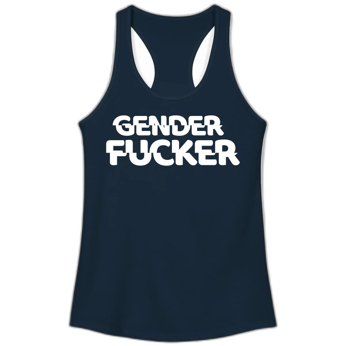 Bold white sans-serif text reading 'GENDER FUCKER' on gray background, gender-fucker-statement design in Solid Midnight Navy
