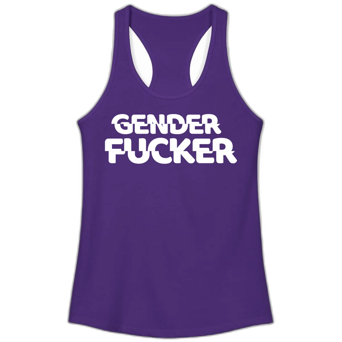 Bold white sans-serif text reading 'GENDER FUCKER' on gray background, gender-fucker-statement design in Solid Purple Rush