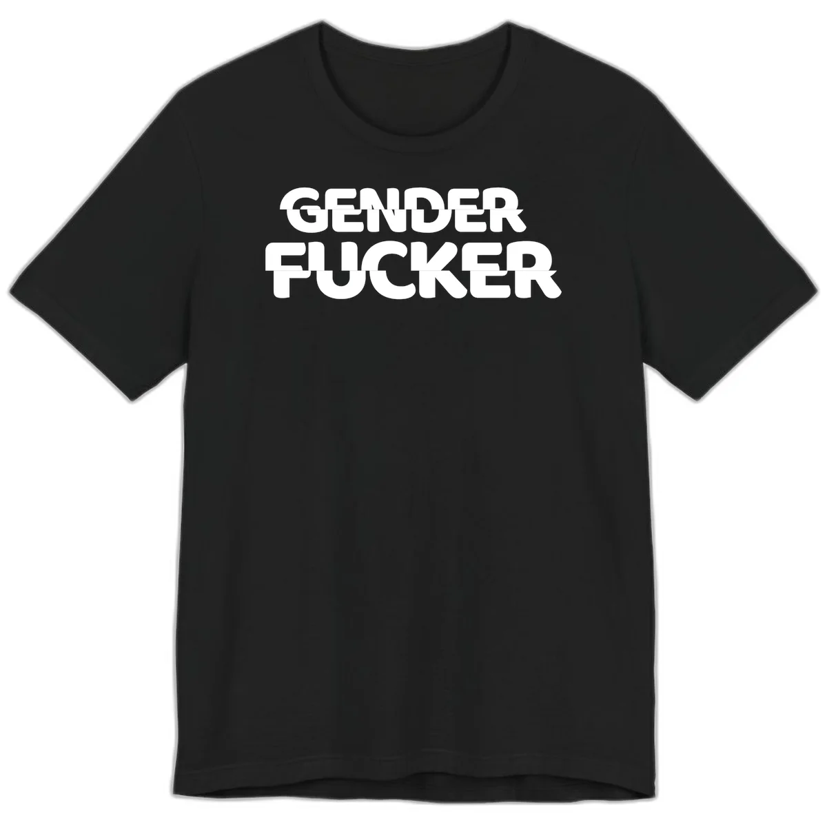 Bold white sans-serif text reading 'GENDER FUCKER' on gray background, gender-fucker-statement design in Black