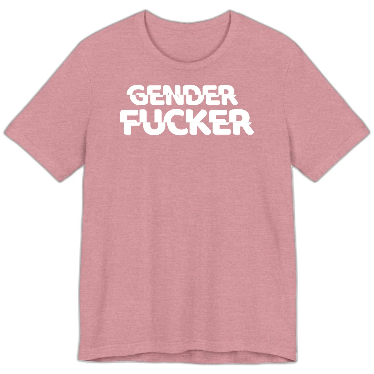 Bold white sans-serif text reading 'GENDER FUCKER' on gray background, gender-fucker-statement design in Heather Orchid