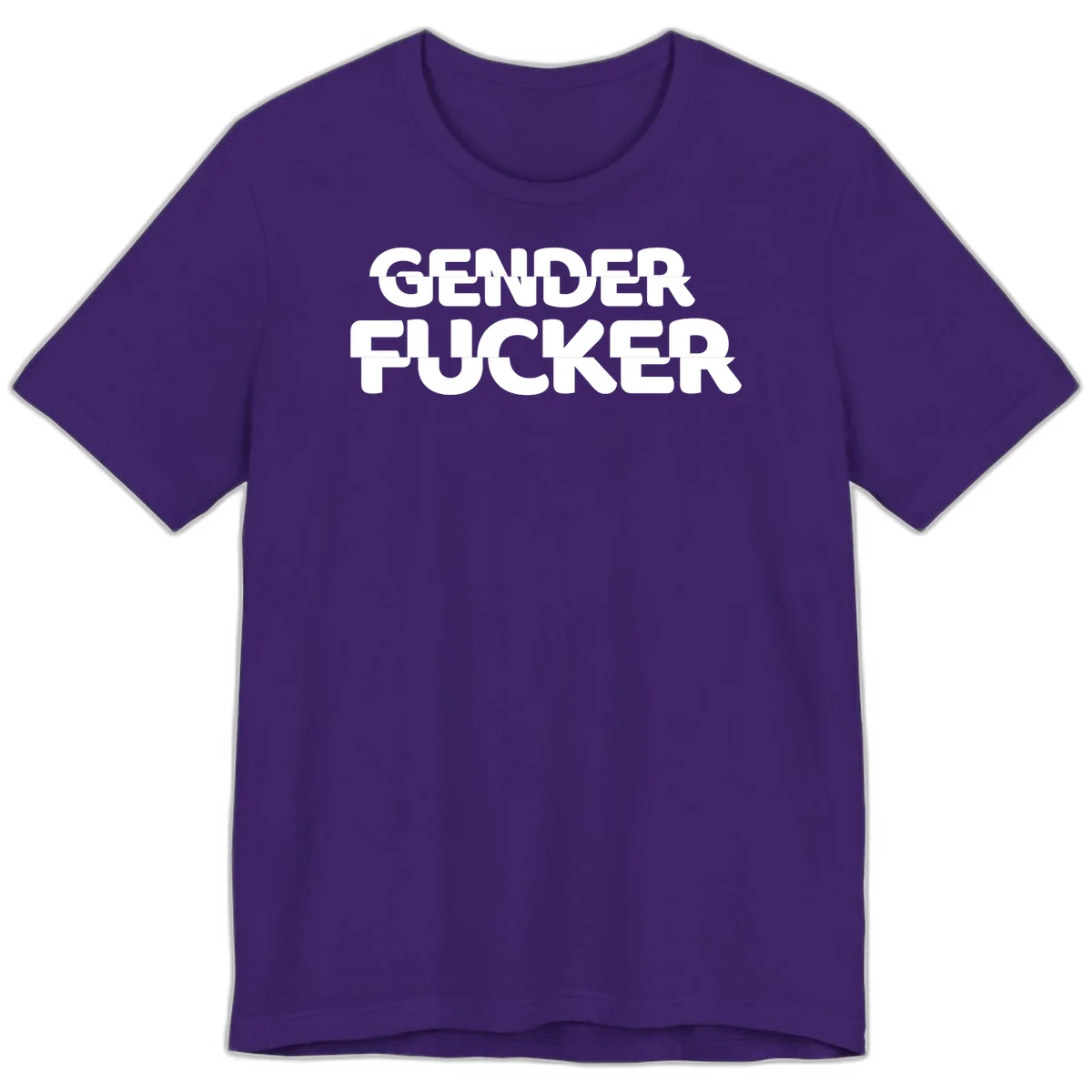 Bold white sans-serif text reading 'GENDER FUCKER' on gray background, gender-fucker-statement design in Team Purple