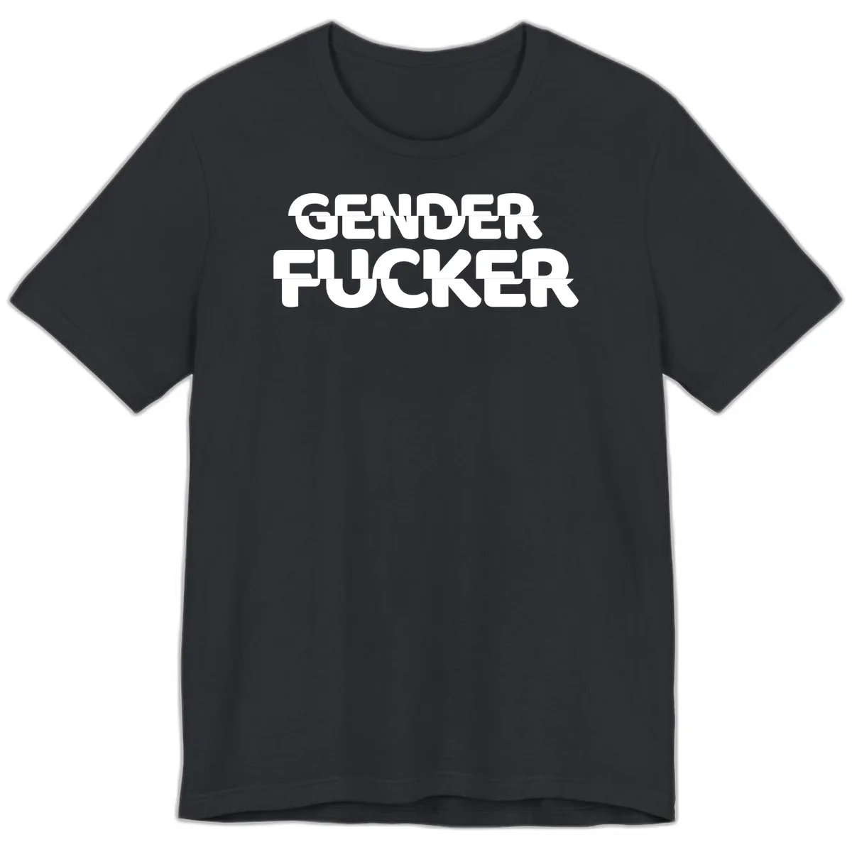Bold white sans-serif text reading 'GENDER FUCKER' on gray background, gender-fucker-statement design in Vintage Black