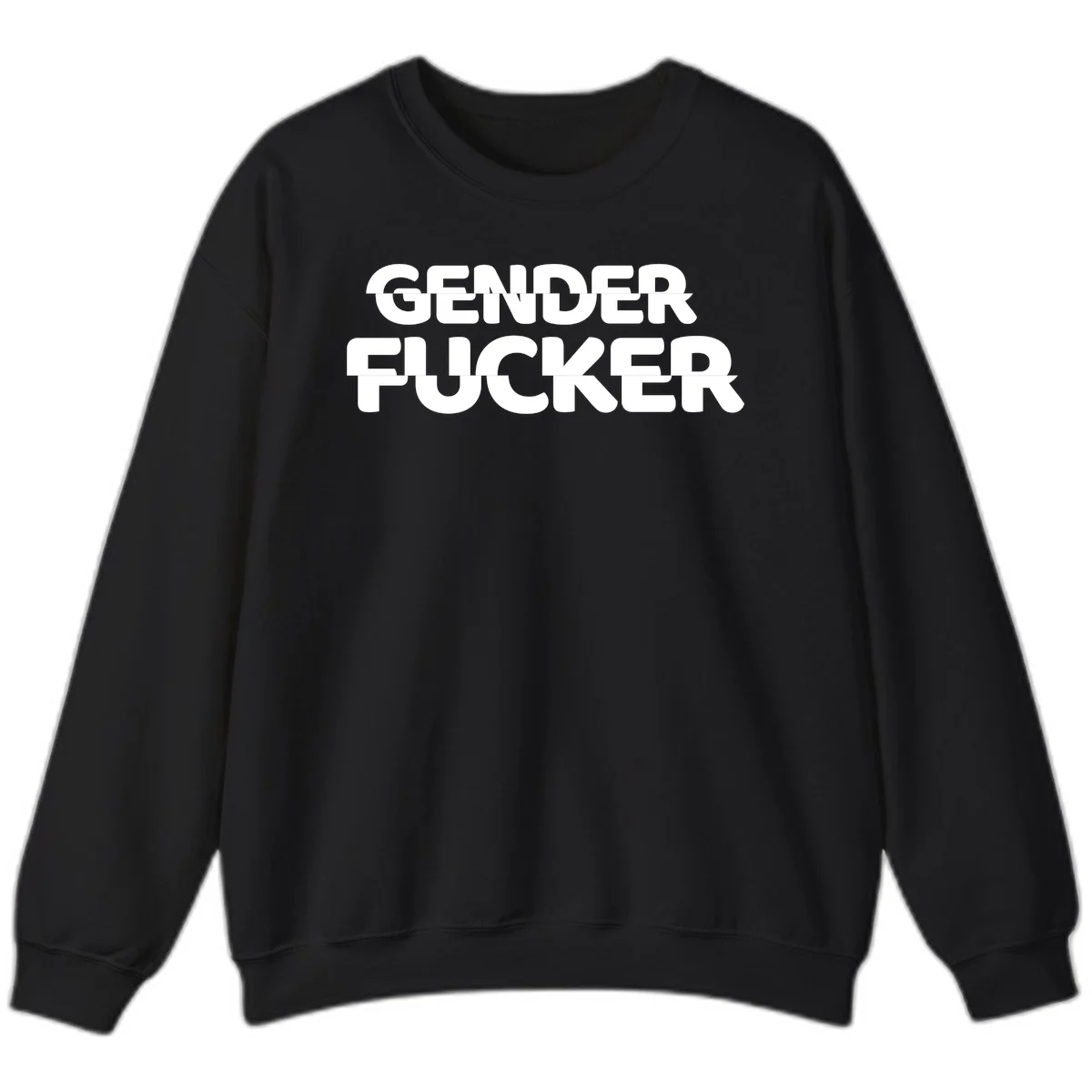 Bold white sans-serif text reading 'GENDER FUCKER' on gray background, gender-fucker-statement design in Black