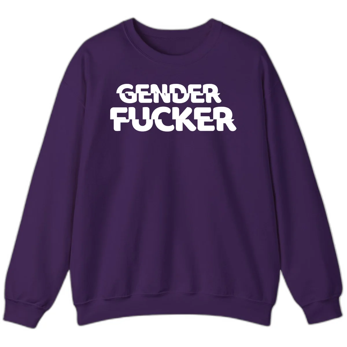 Bold white sans-serif text reading 'GENDER FUCKER' on gray background, gender-fucker-statement design in Purple