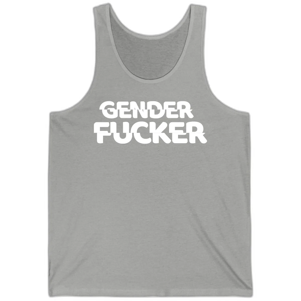 Bold white sans-serif text reading 'GENDER FUCKER' on gray background, gender-fucker-statement design in Athletic Heather