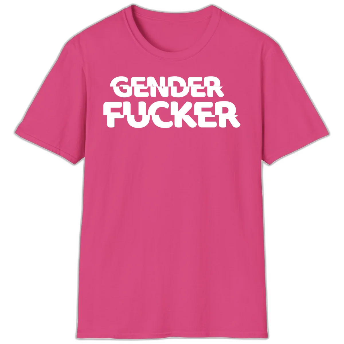 Bold white sans-serif text reading 'GENDER FUCKER' on gray background, gender-fucker-statement design in Heliconia